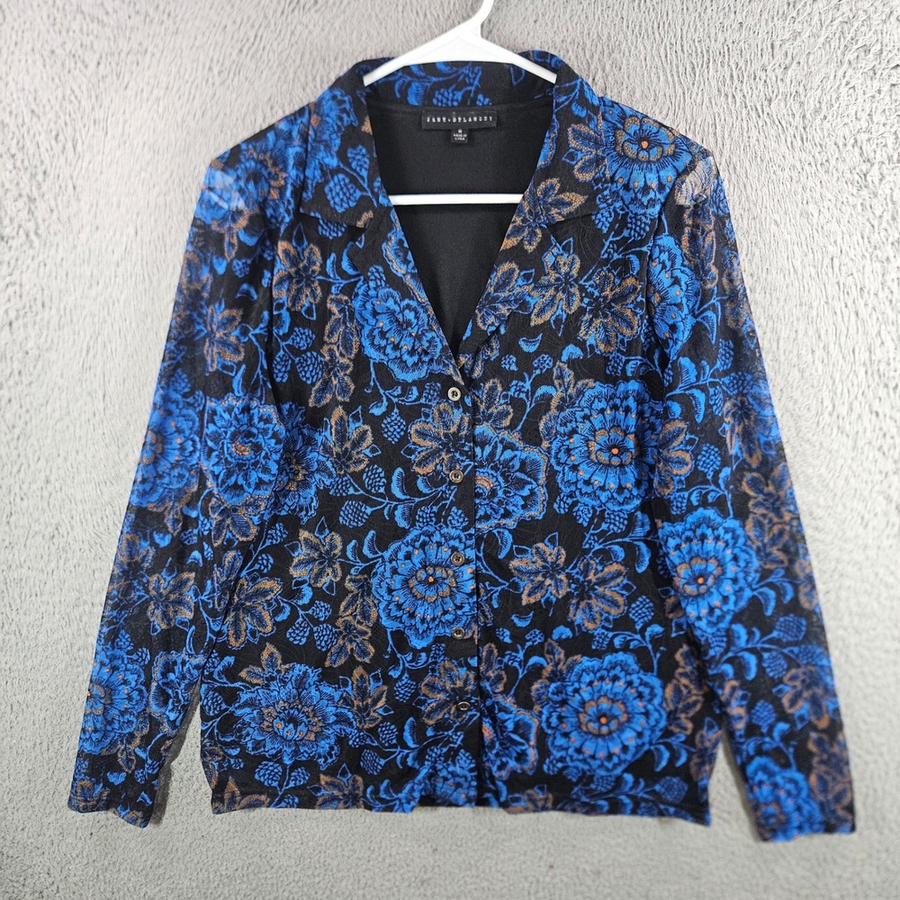 Jane + Delancey Womens Blue Floral Lace Mesh Button Front Blouse‎ Medium